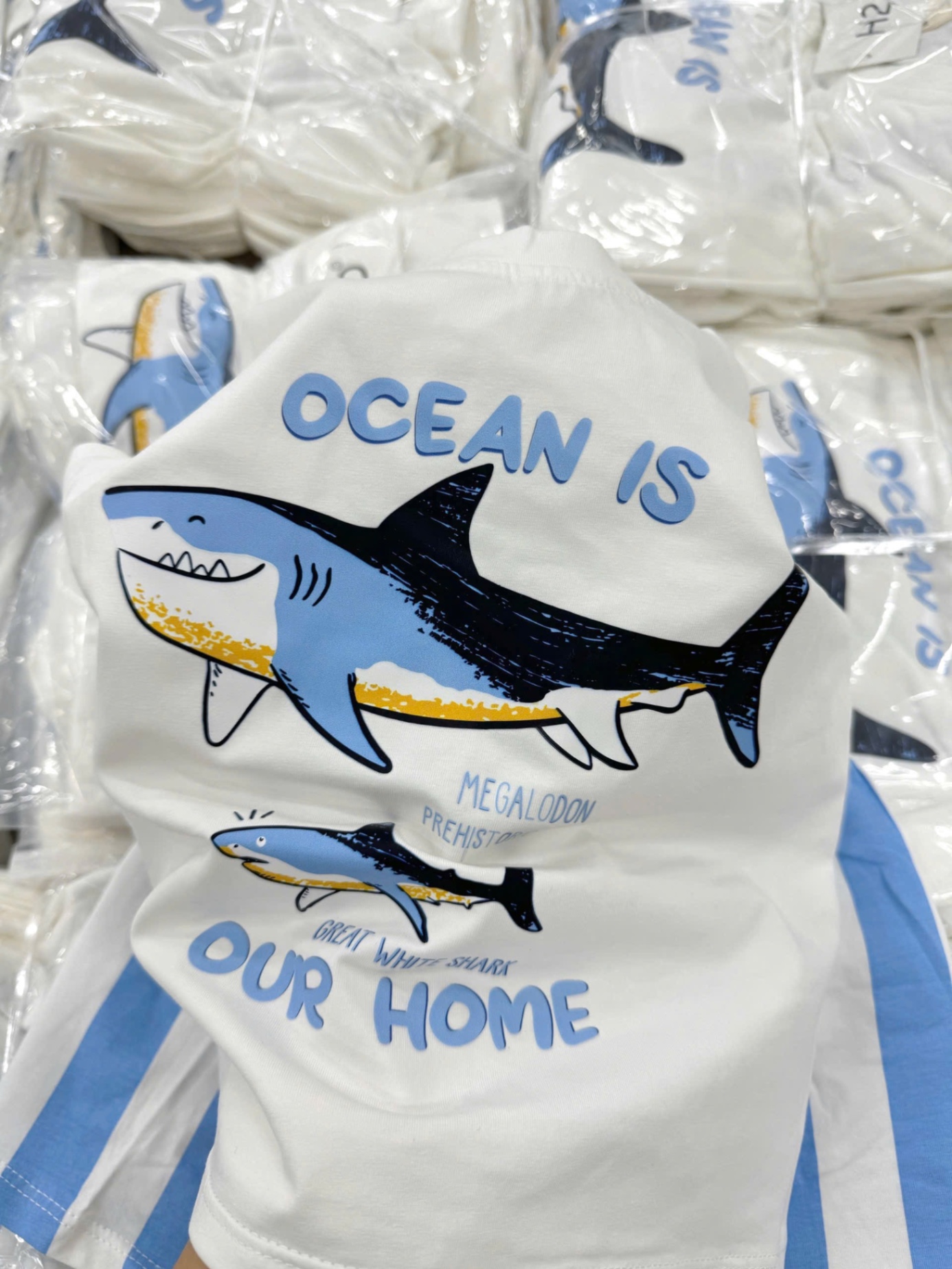 T754 - BỘ ĐÙI BÉ TRAI ÁO TRẮNG CÁ MẬP OCEAN QUẦN SỌC