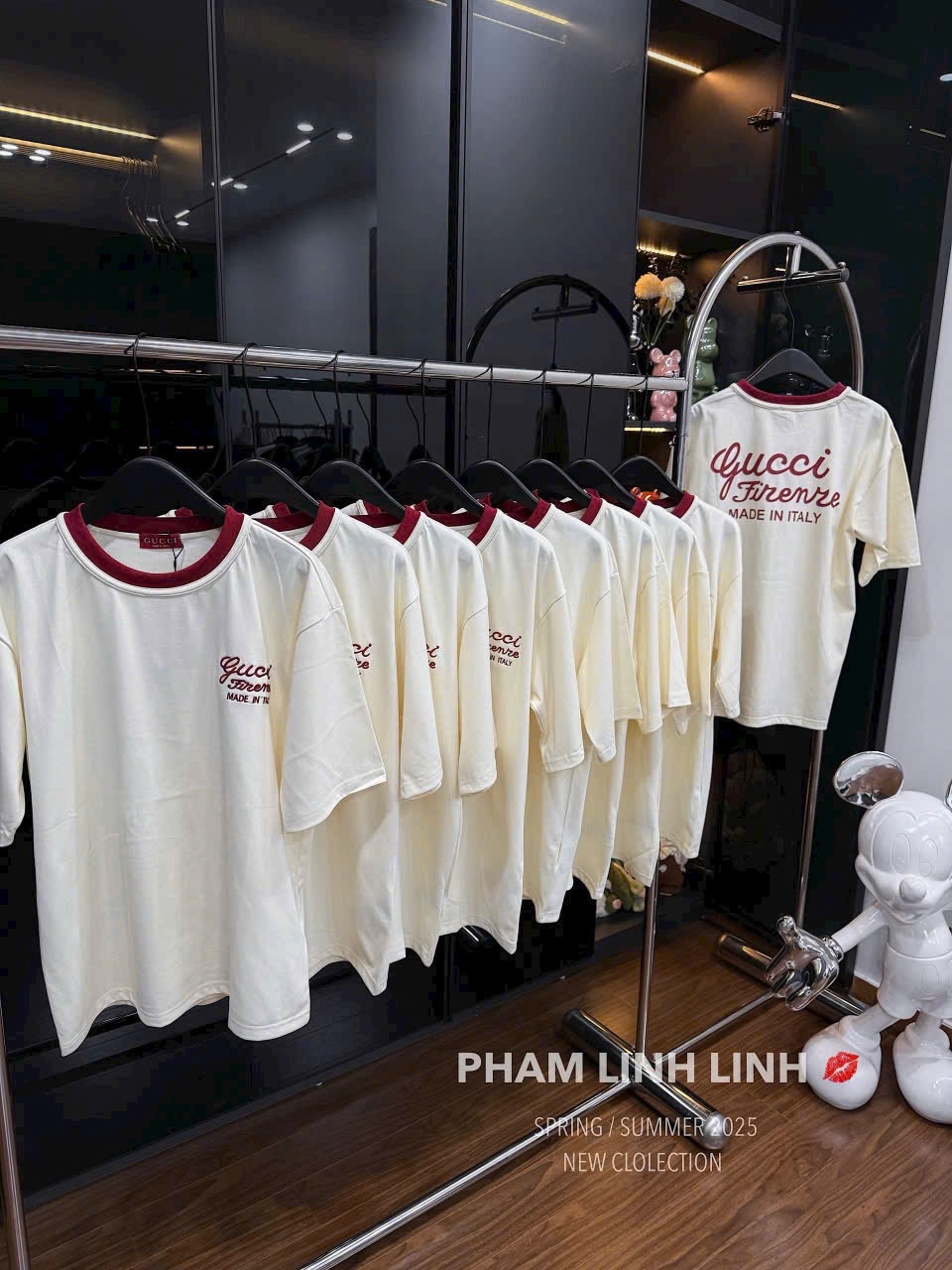 S092 - BỘ ĐÙI NỮ MÀU BE CỔ VIỀN ĐỎ GUCCI