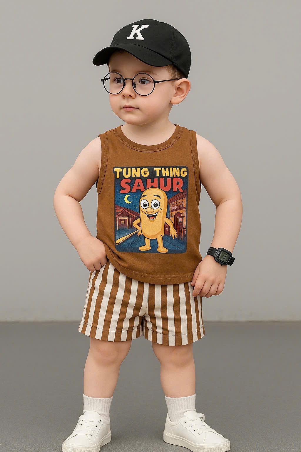 T749 - BỘ ĐÙI BÉ TRAI ÁO NÂU TUNG TUNG QUẦN SỌC