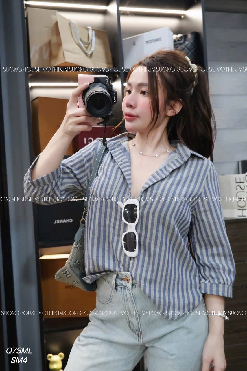 ANU249 - ÁO SƠ MI NỮ KẺ SỌC 2 MẶT TÚI NGỰC