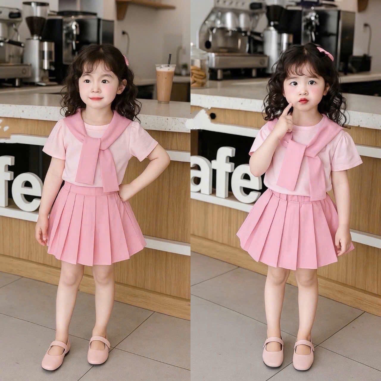 G653 - SET BÉ GÁI ÁO HỒNG ALO CVAY XẾP LY KÈM KHĂN