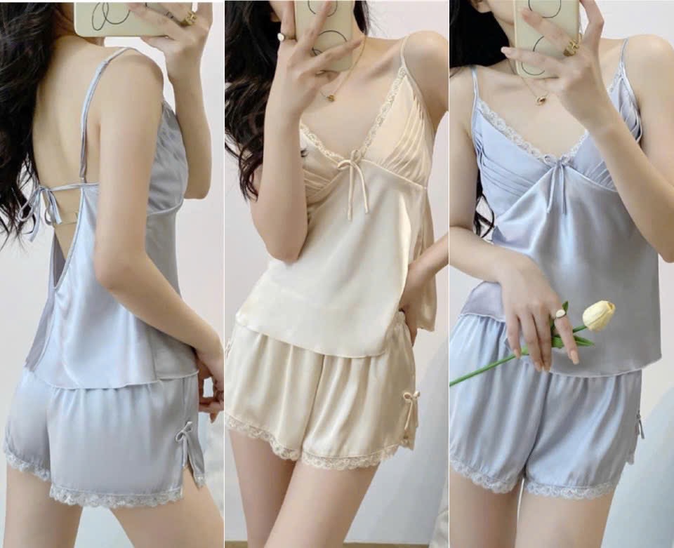 S100 - BỘ LỤA ĐÙI NỮ 2S PHỐI REN NƠ NGỰC