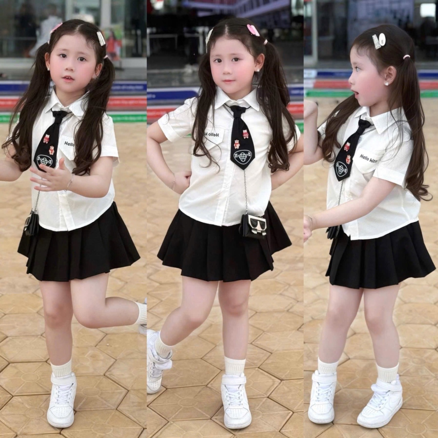 G652 - SET BÉ GÁI ÁO TRẮNG KITTY CÀ VẠT CVAY ĐEN