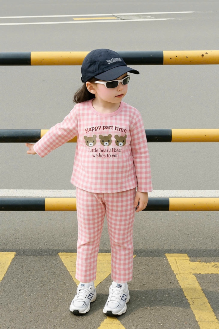 G655 - SET 2 BỘ BÉ GÁI DÀI TAY GẤU Happy be hồng kẻ