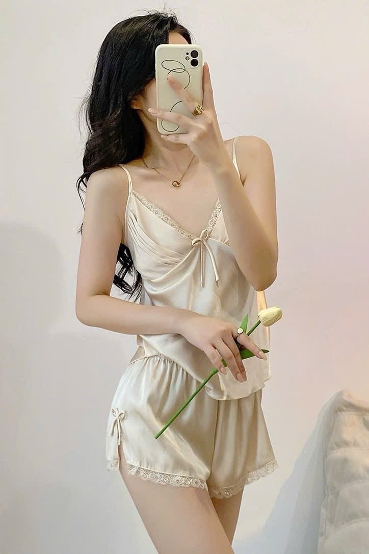 S100 - BỘ LỤA ĐÙI NỮ 2S PHỐI REN NƠ NGỰC