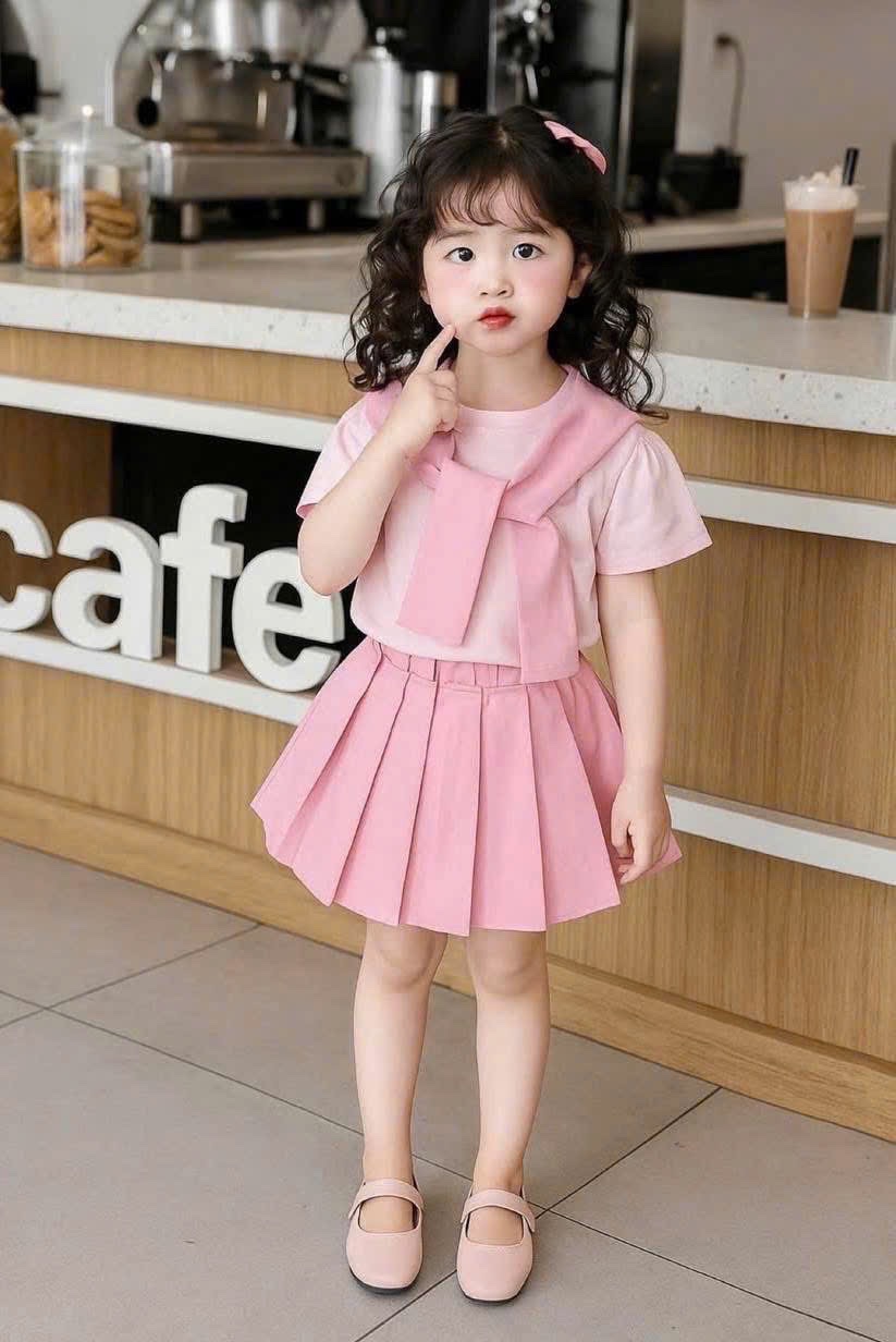 G653 - SET BÉ GÁI ÁO HỒNG ALO CVAY XẾP LY KÈM KHĂN