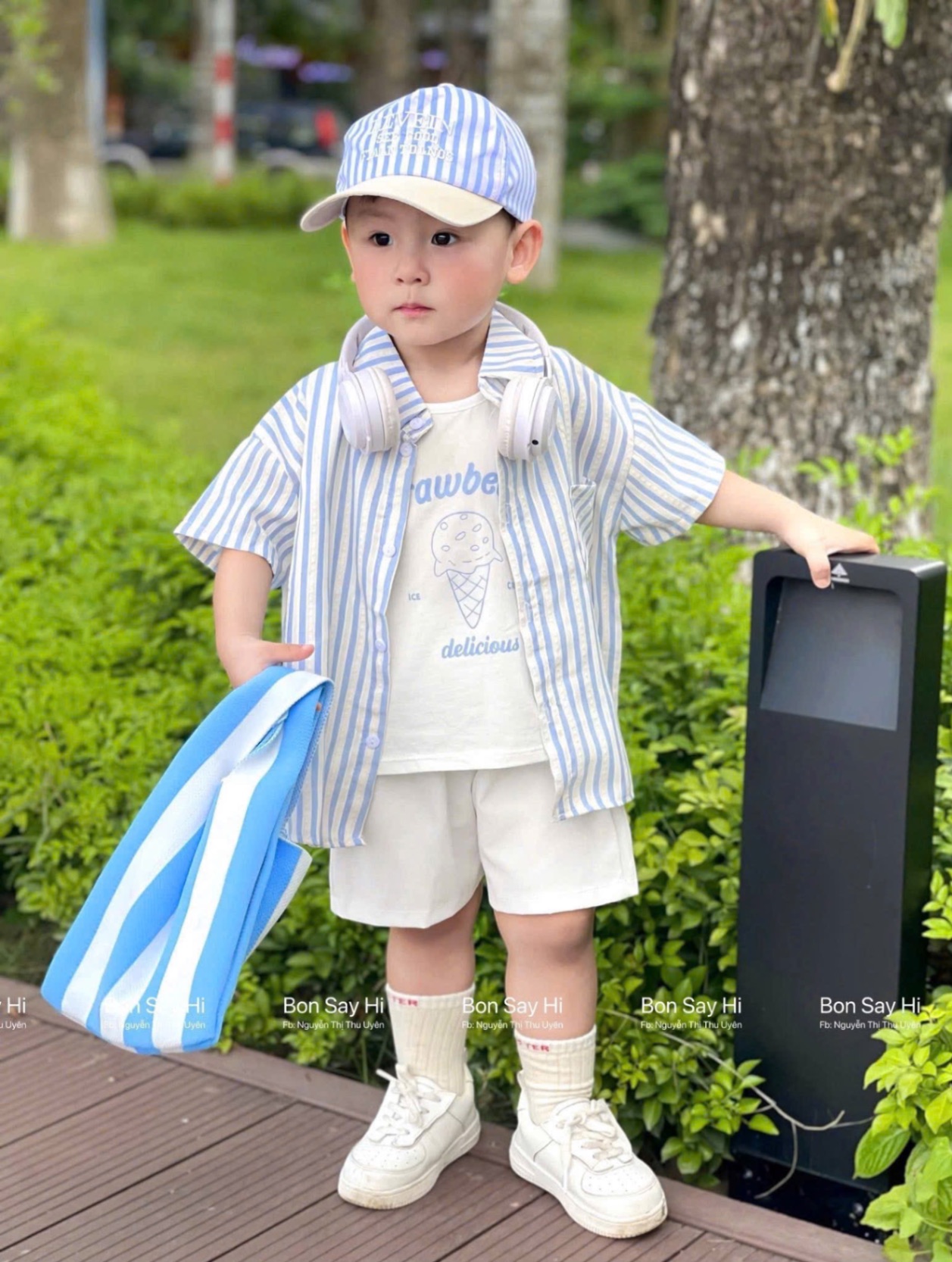 T768 - SET BÉ TRAI 4CT SỌC XANH QUẦN SOOC KÈM MŨ