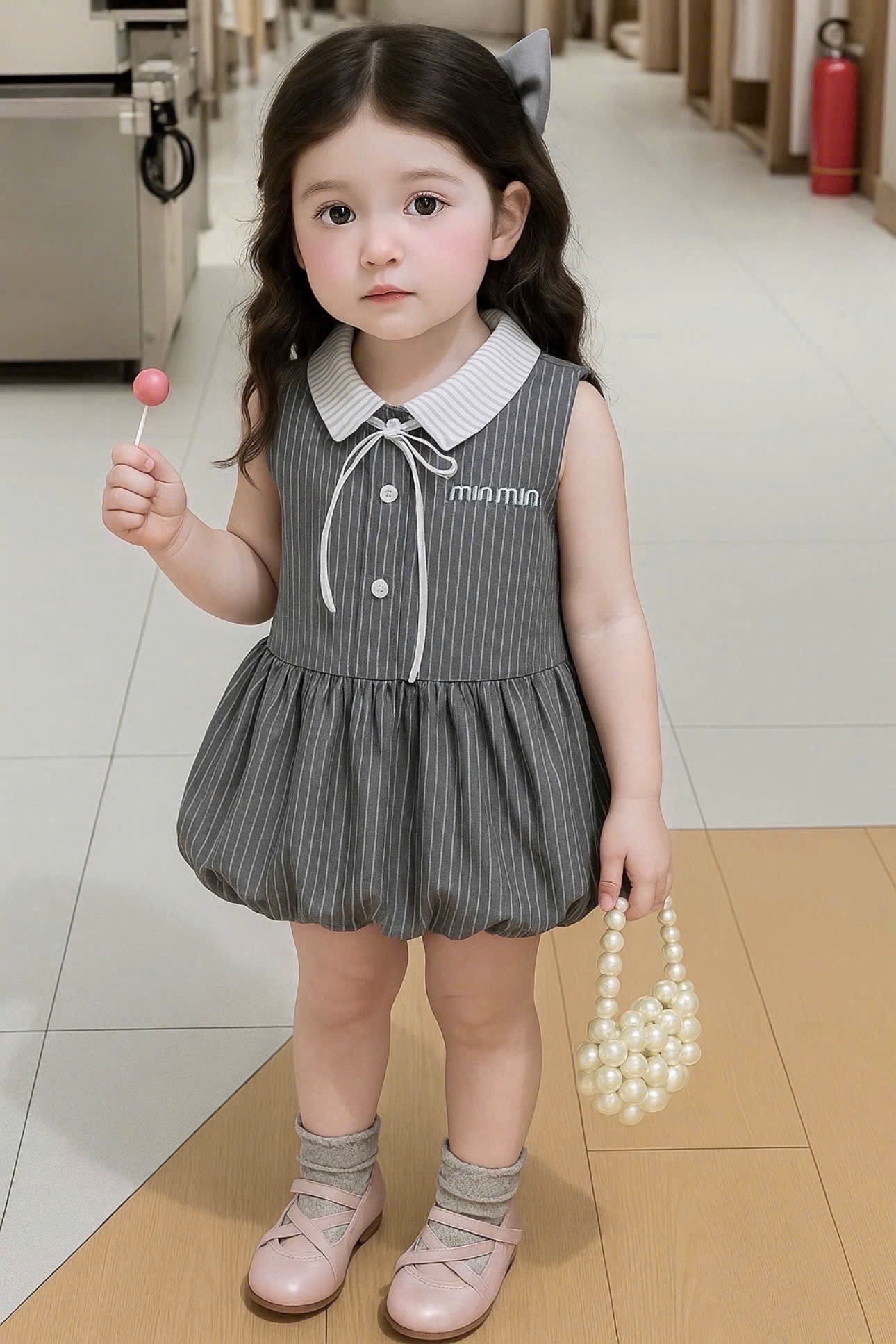 VB550 - VÁY BÉ GÁI BÍ BỒNG KẺ XÁM CỔ TRẮNG NƠ minmin