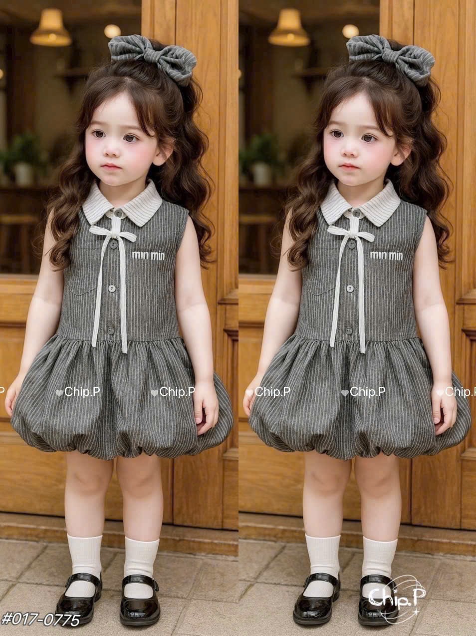 VB550 - VÁY BÉ GÁI BÍ BỒNG KẺ XÁM CỔ TRẮNG NƠ minmin