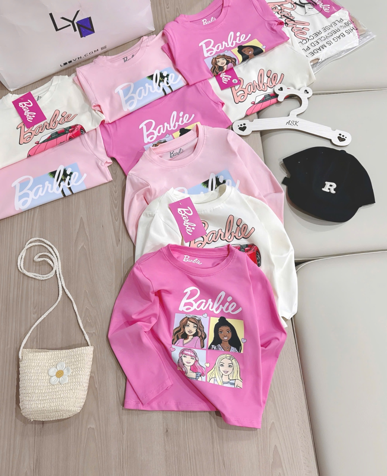 AB736 - SET 3 ÁO BÉ GÁI DÀI TAY Barbie hồng trắng