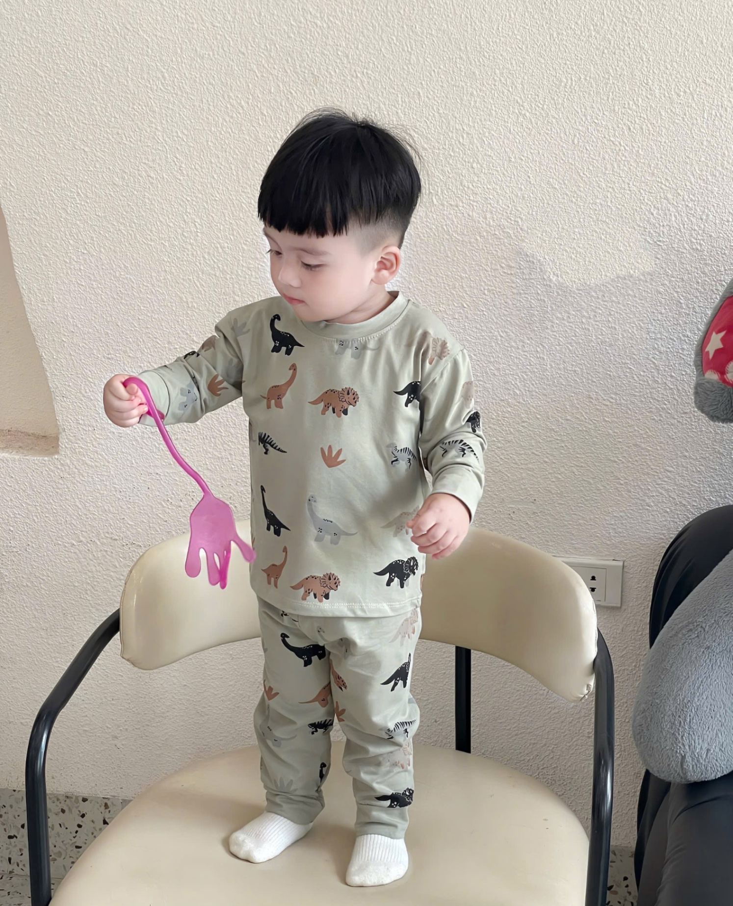 (chờ) T785 - SET 3 BỘ BÉ TRAI DÀI TAY KHỦNG LONG rêu be kẻ