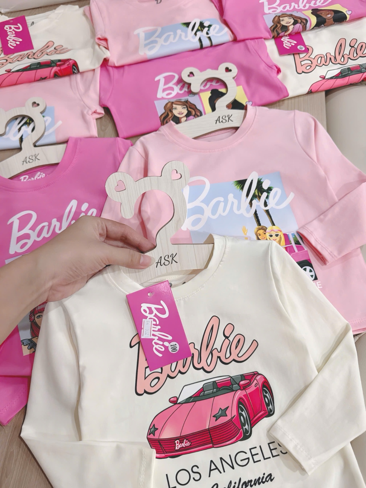 AB736 - SET 3 ÁO BÉ GÁI DÀI TAY Barbie hồng trắng