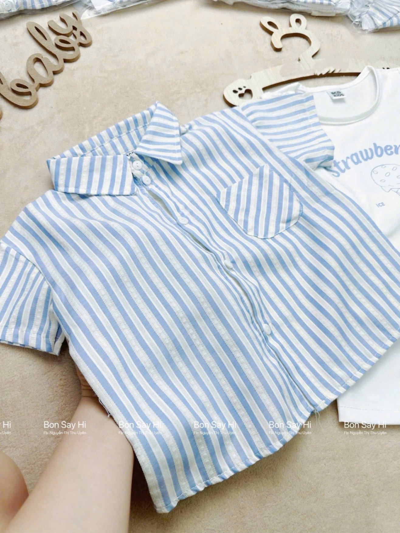 T768 - SET BÉ TRAI 4CT SỌC XANH QUẦN SOOC KÈM MŨ