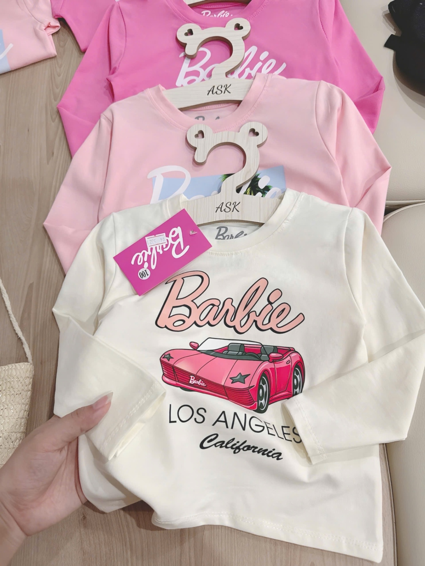 AB736 - SET 3 ÁO BÉ GÁI DÀI TAY Barbie hồng trắng
