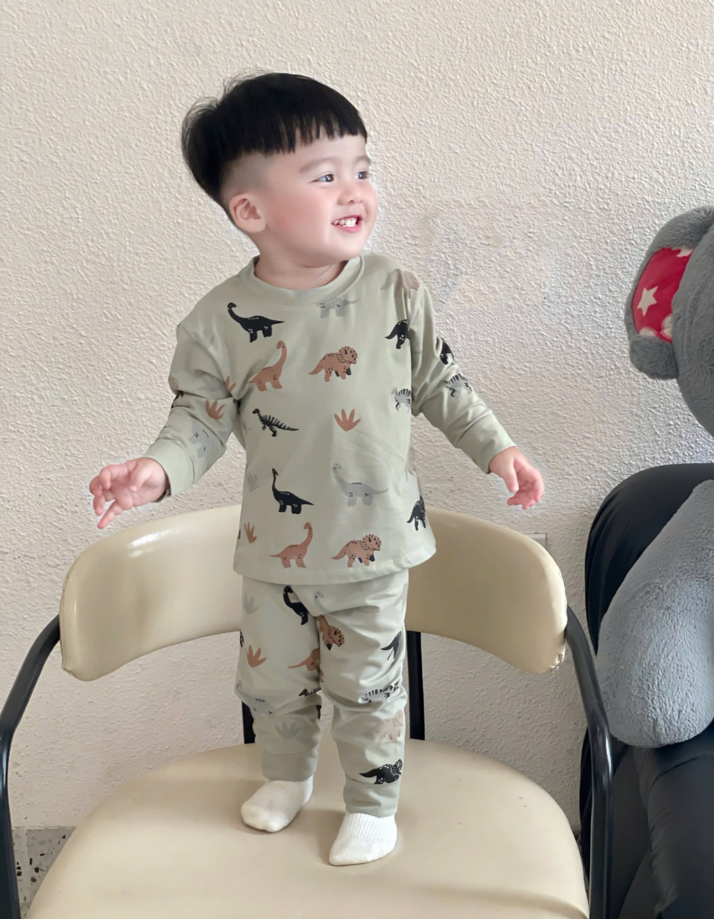 (chờ) T785 - SET 3 BỘ BÉ TRAI DÀI TAY KHỦNG LONG rêu be kẻ