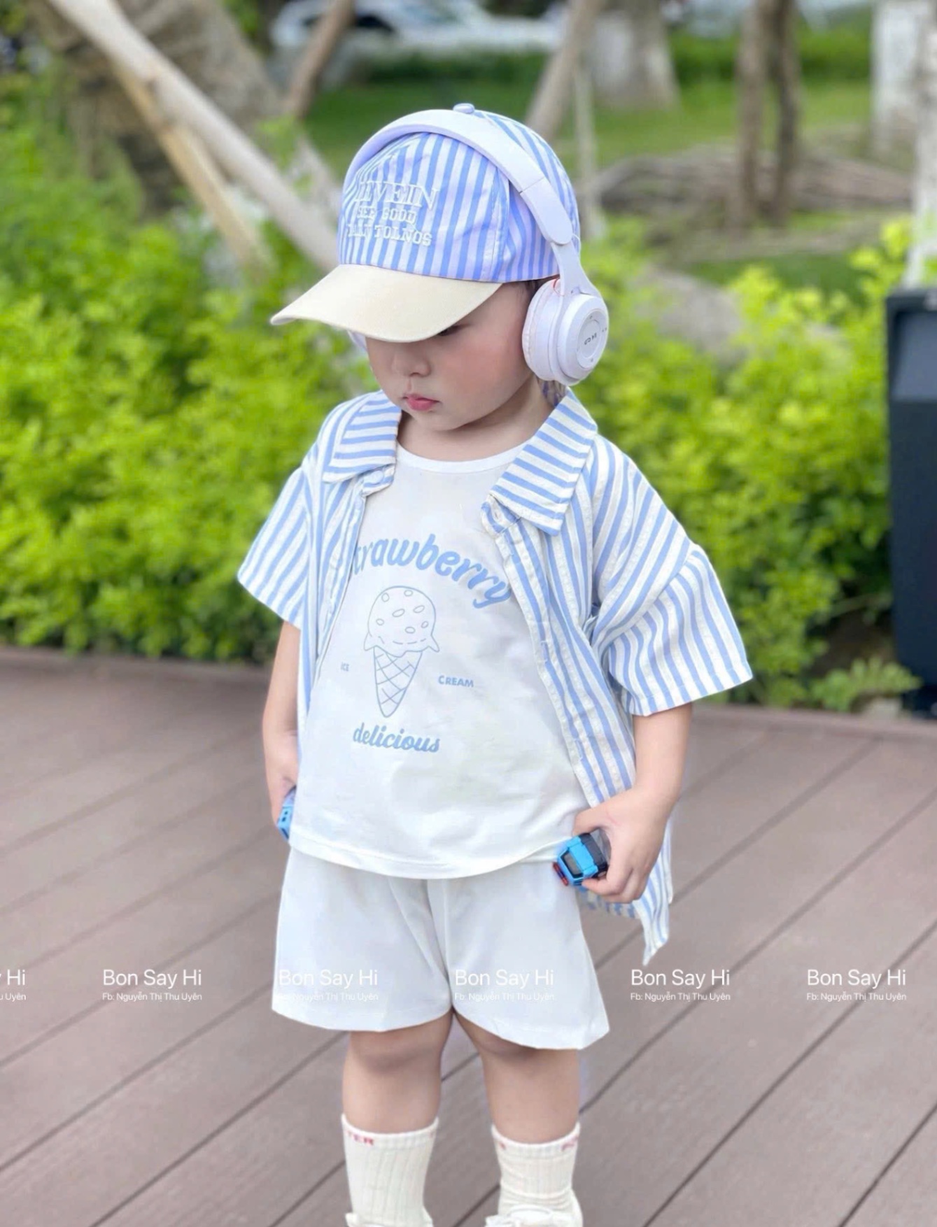 T768 - SET BÉ TRAI 4CT SỌC XANH QUẦN SOOC KÈM MŨ