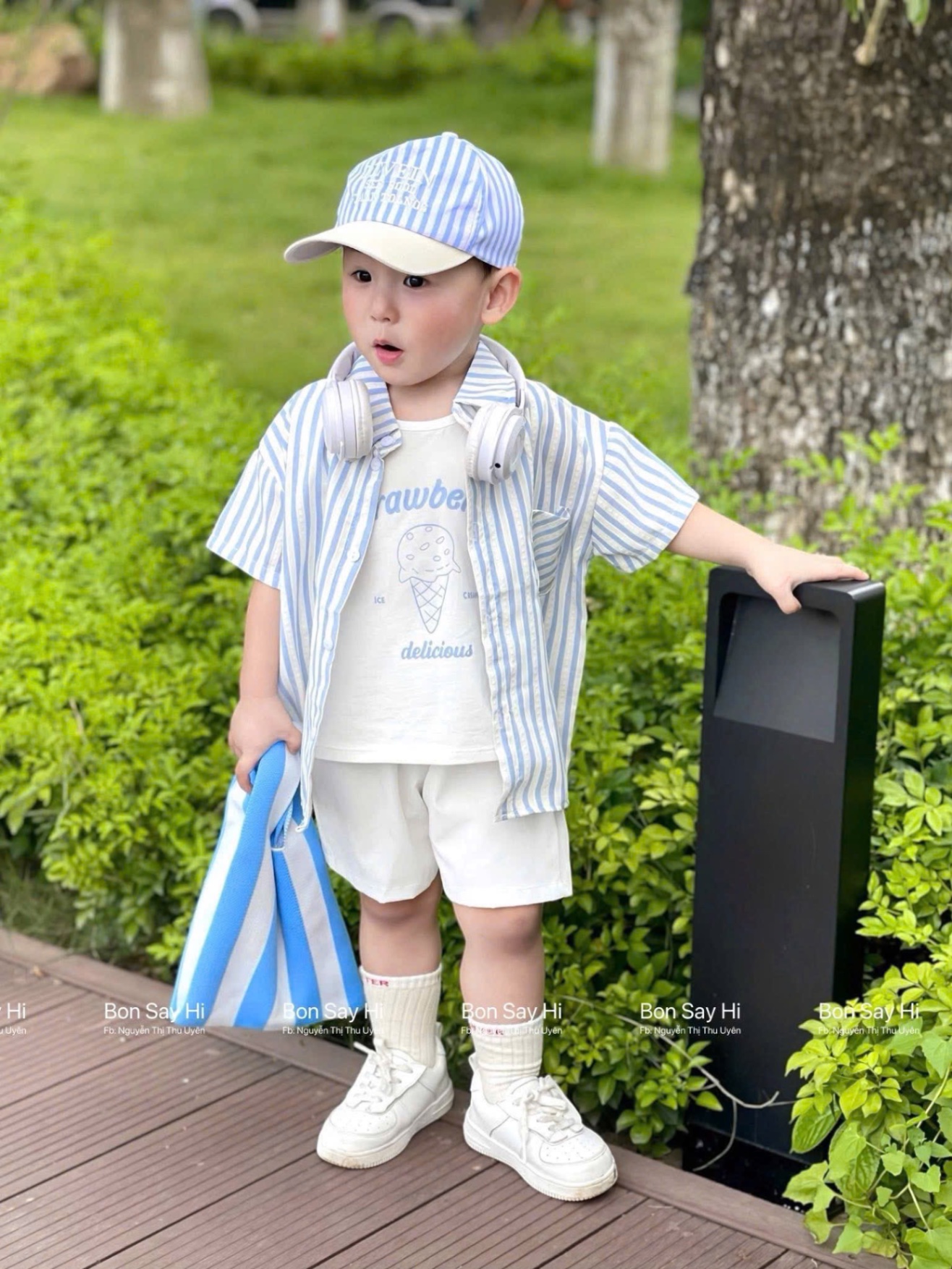 T768 - SET BÉ TRAI 4CT SỌC XANH QUẦN SOOC KÈM MŨ