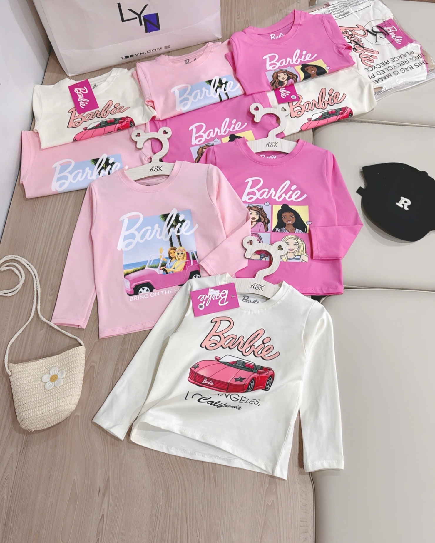 AB736 - SET 3 ÁO BÉ GÁI DÀI TAY Barbie hồng trắng