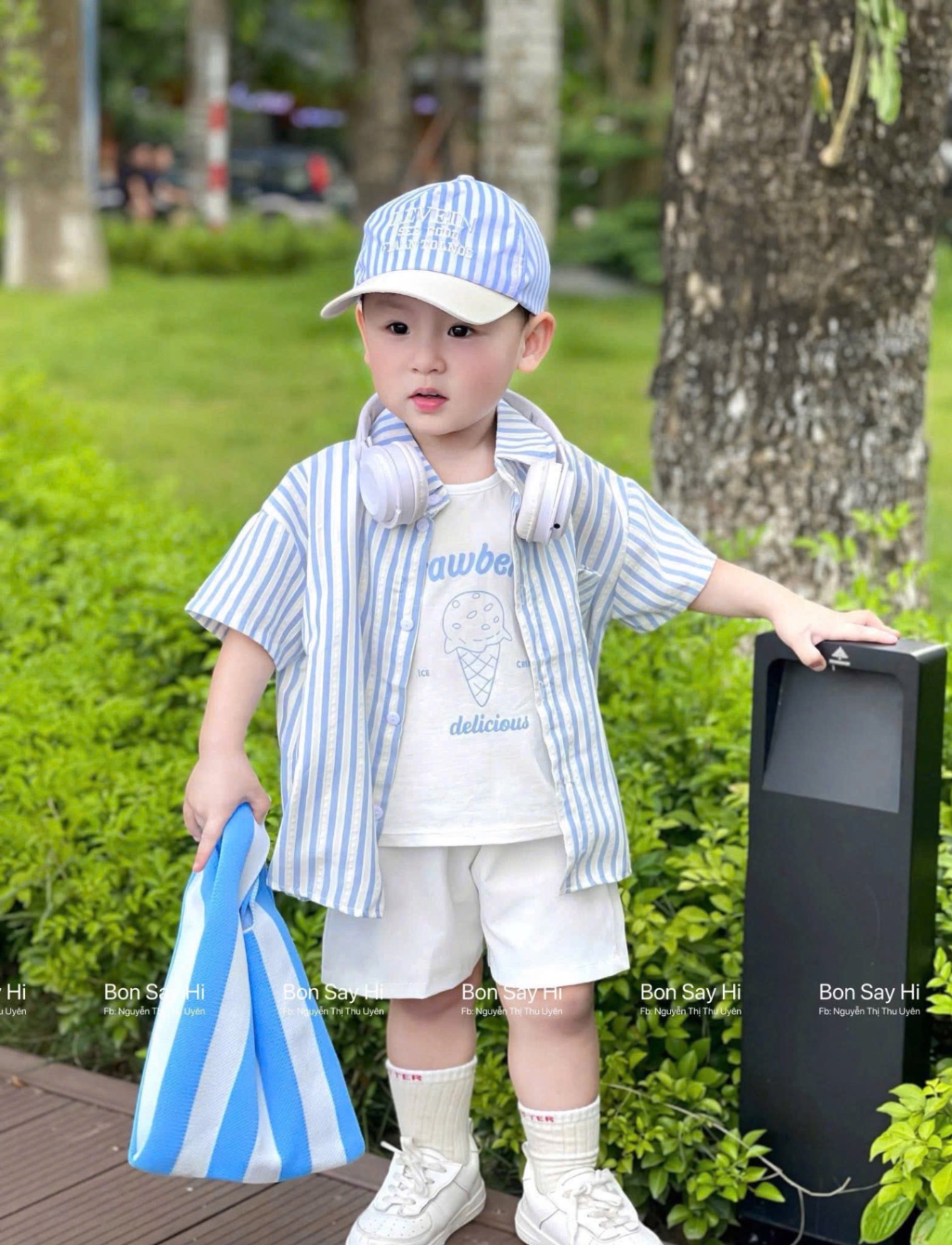 T768 - SET BÉ TRAI 4CT SỌC XANH QUẦN SOOC KÈM MŨ