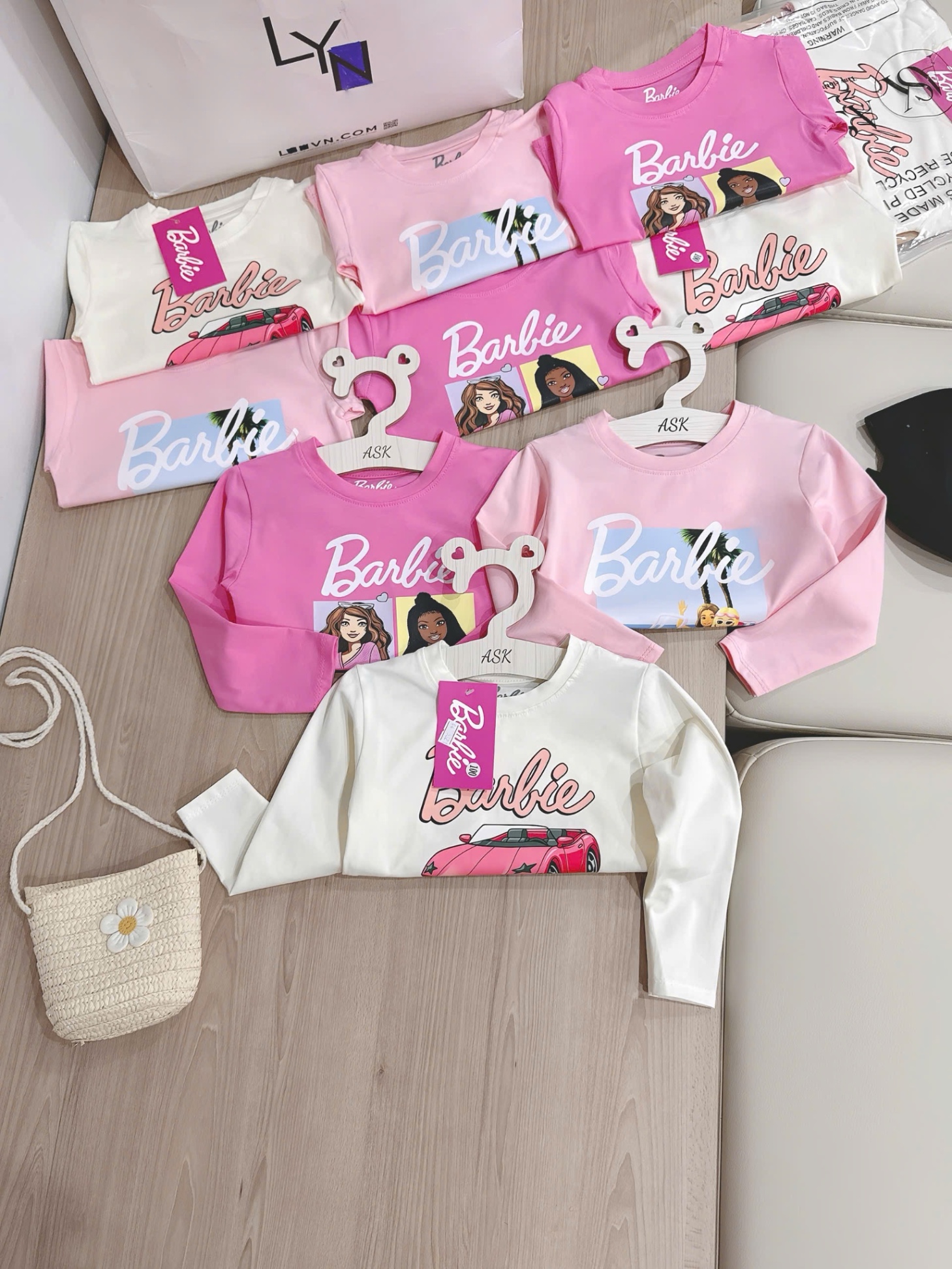 AB736 - SET 3 ÁO BÉ GÁI DÀI TAY Barbie hồng trắng