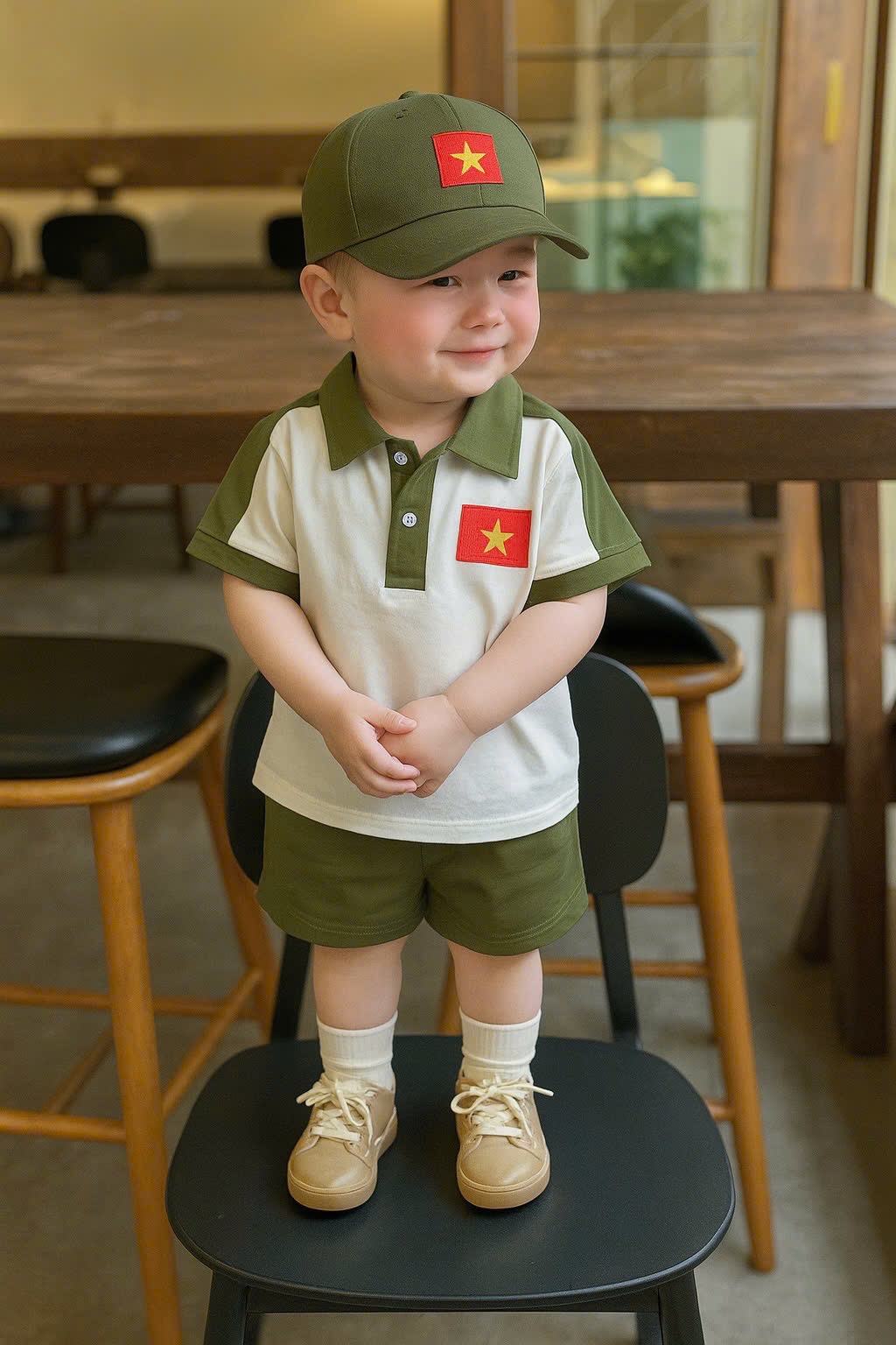 T775 - BỘ ĐÙI BÉ TRAI ÁO POLO TRẮNG PHỐI RÊU BẢN ĐỒ KÈM MŨ