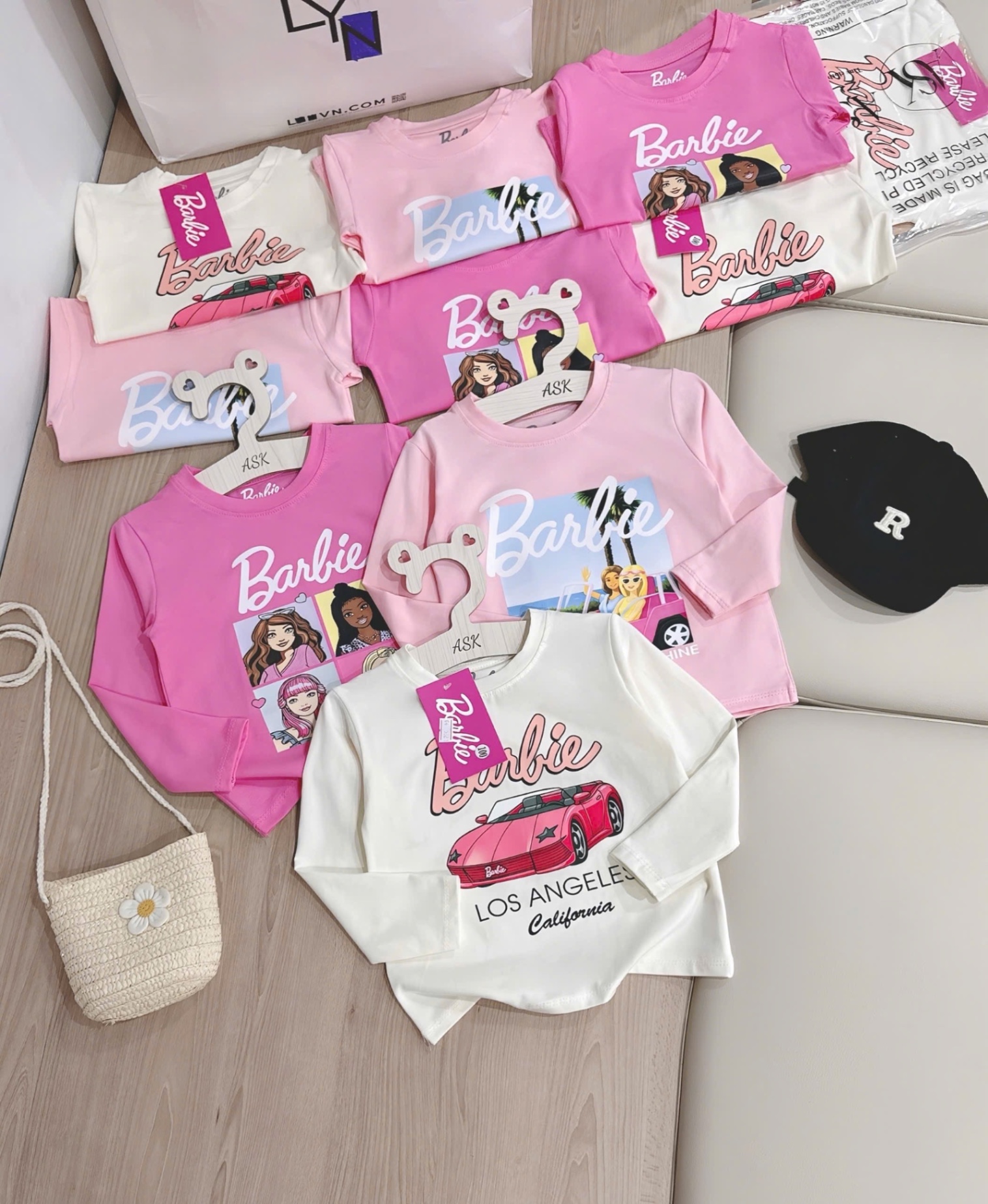AB736 - SET 3 ÁO BÉ GÁI DÀI TAY Barbie hồng trắng