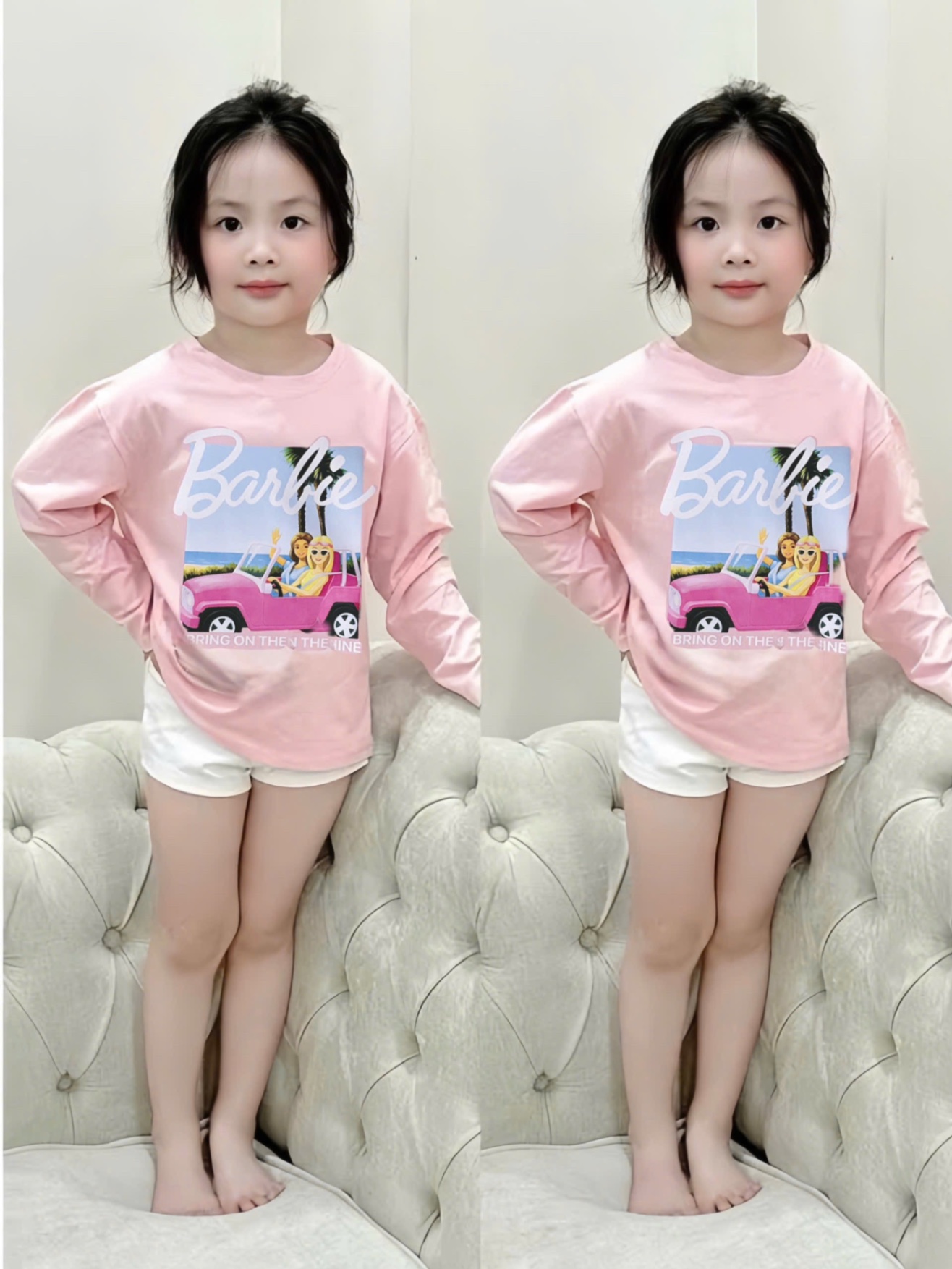 AB736 - SET 3 ÁO BÉ GÁI DÀI TAY Barbie hồng trắng