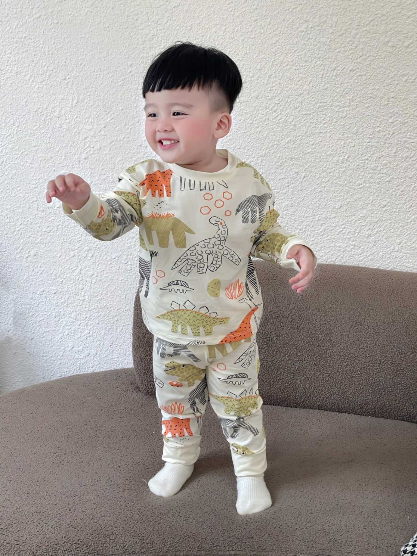 (chờ) T785 - SET 3 BỘ BÉ TRAI DÀI TAY KHỦNG LONG rêu be kẻ
