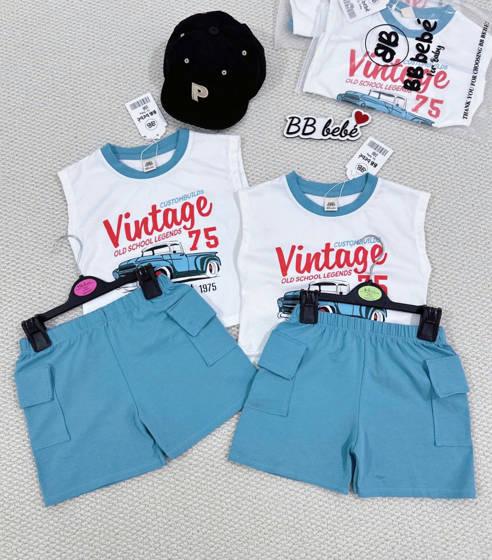 T765 - BỘ ĐÙI BÉ TRAI ÁO BA LỖ TRẮNG Vintage 75 QUẦN XANH