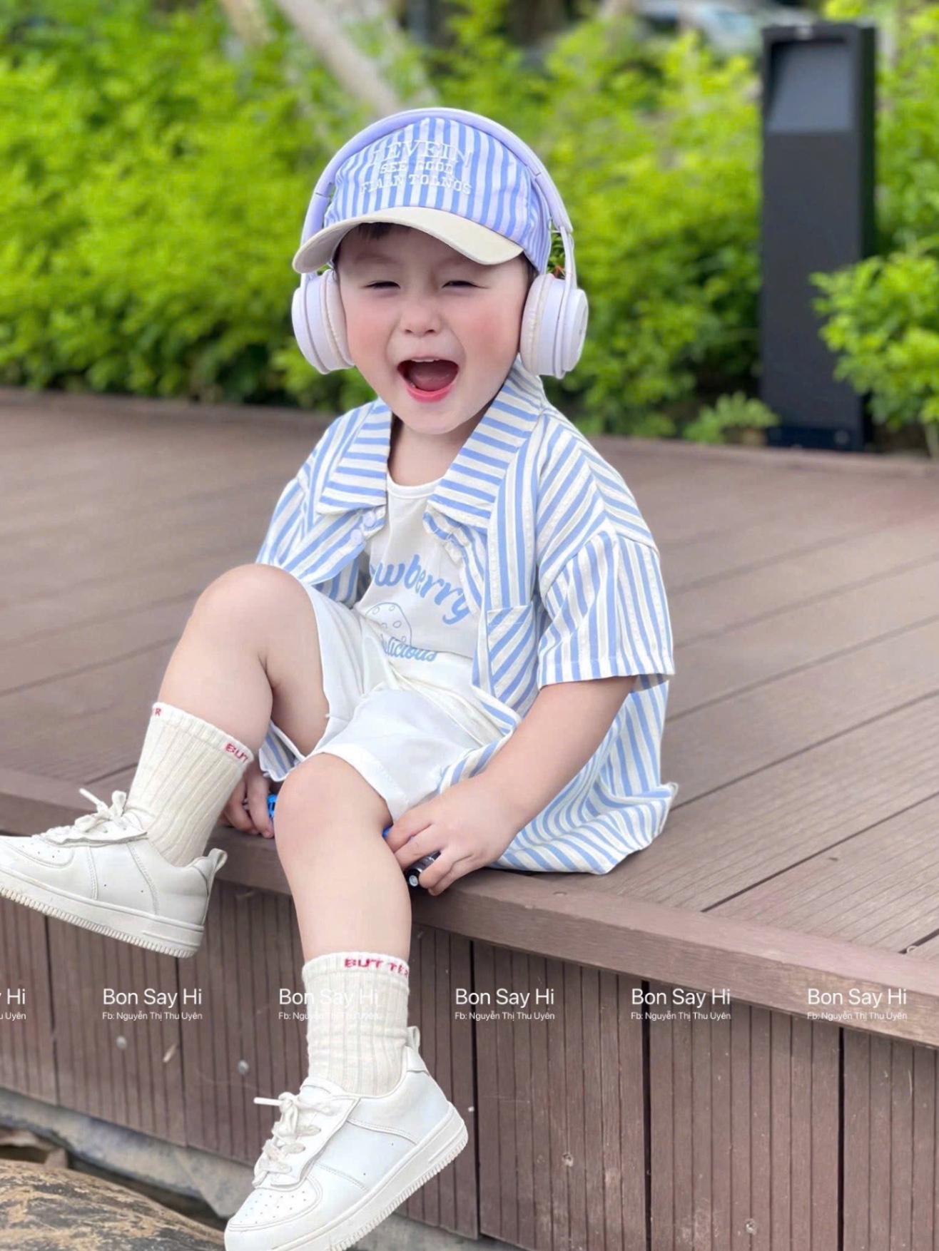 T768 - SET BÉ TRAI 4CT SỌC XANH QUẦN SOOC KÈM MŨ