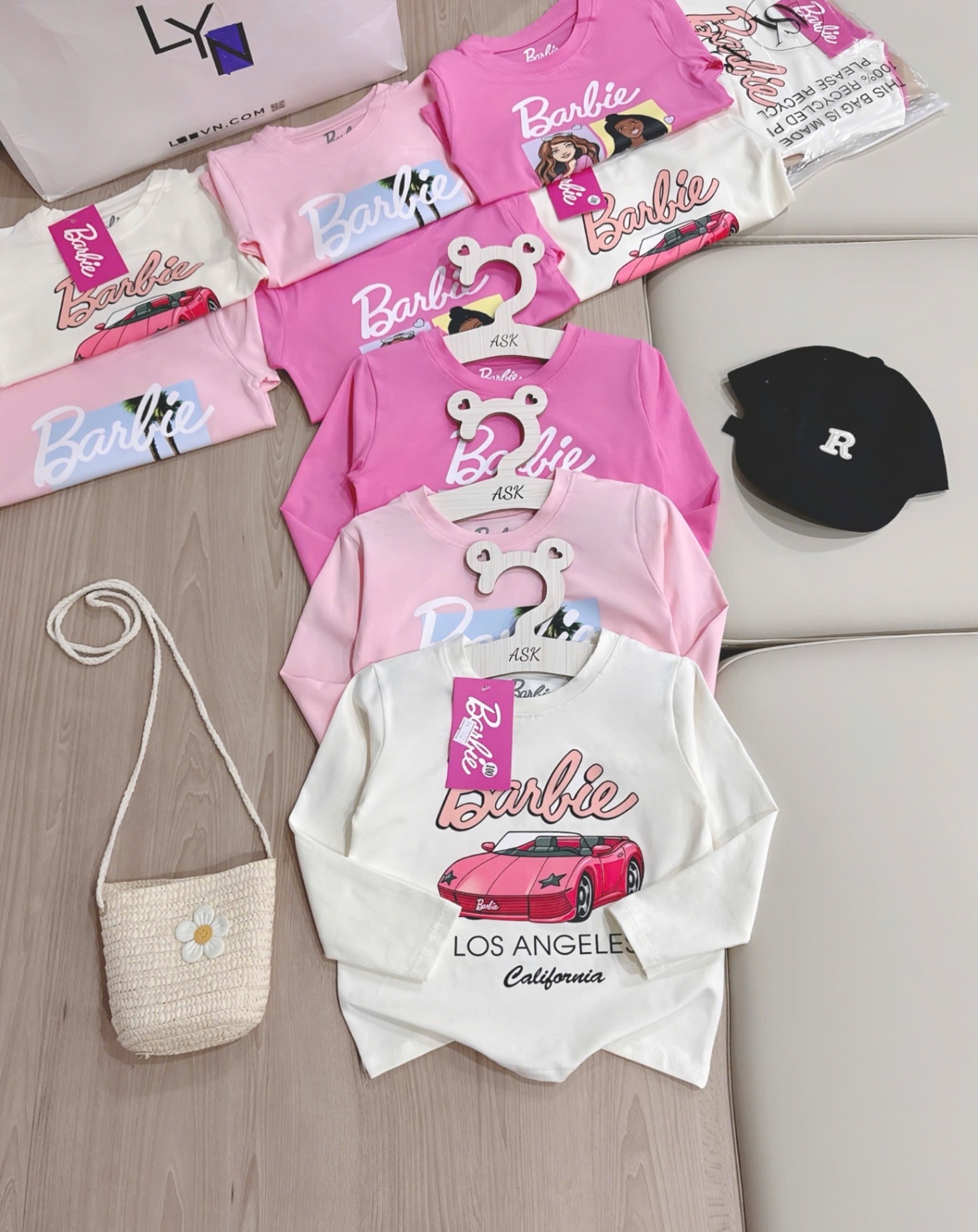 AB736 - SET 3 ÁO BÉ GÁI DÀI TAY Barbie hồng trắng