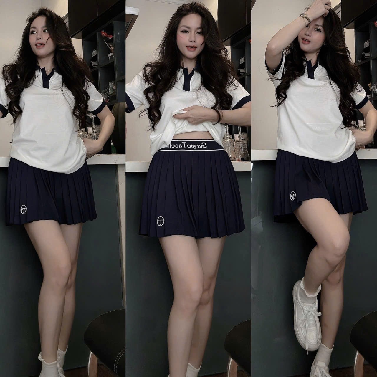 S109 - SET ÁO POLO TRẮNG CỔ THAN THÊU CVAY XẾP LI