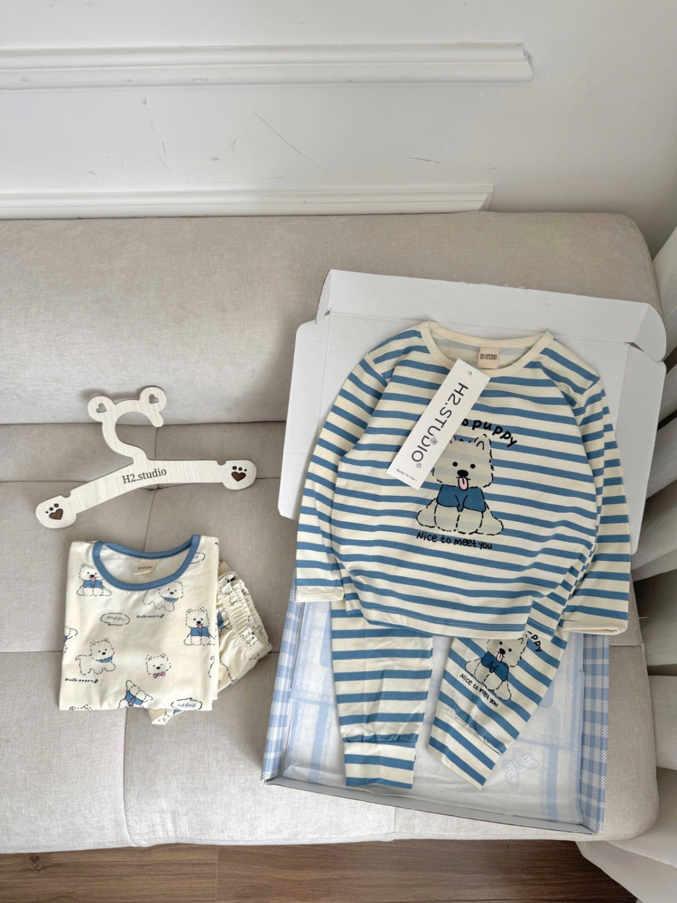 T798 - SET 2 BỘ BÉ TRAI DÀI TAY GẤU PUPPY xanh be