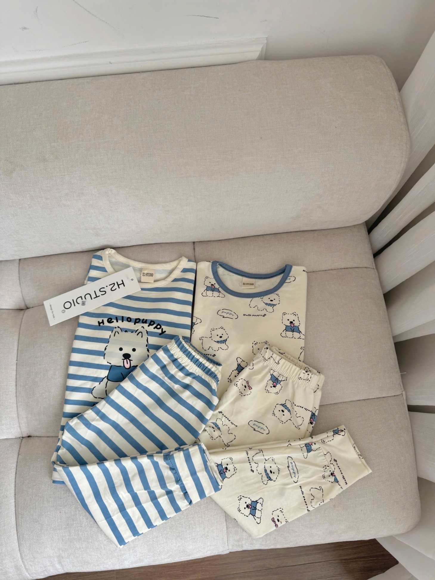 T798 - SET 2 BỘ BÉ TRAI DÀI TAY GẤU PUPPY xanh be