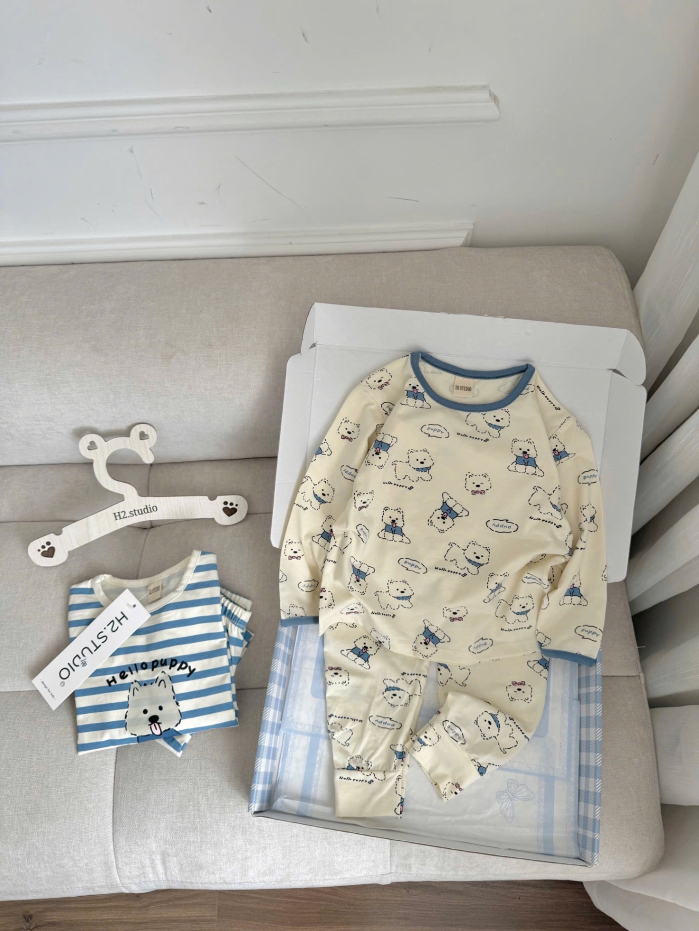 T798 - SET 2 BỘ BÉ TRAI DÀI TAY GẤU PUPPY xanh be