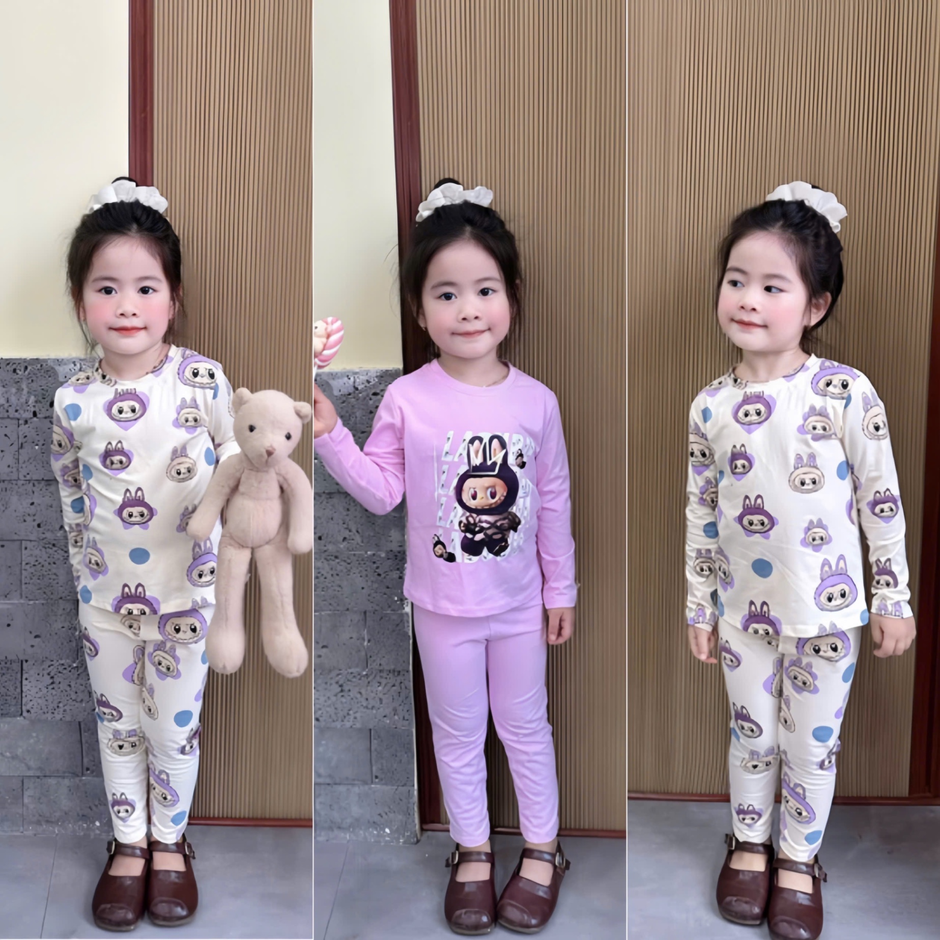 G671 - SET 2 BỘ BÉ GÁI DÀI TAY LABUBU tím be
