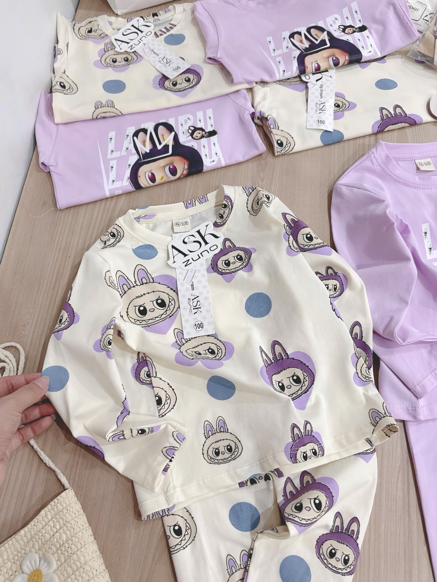 G671 - SET 2 BỘ BÉ GÁI DÀI TAY LABUBU tím be