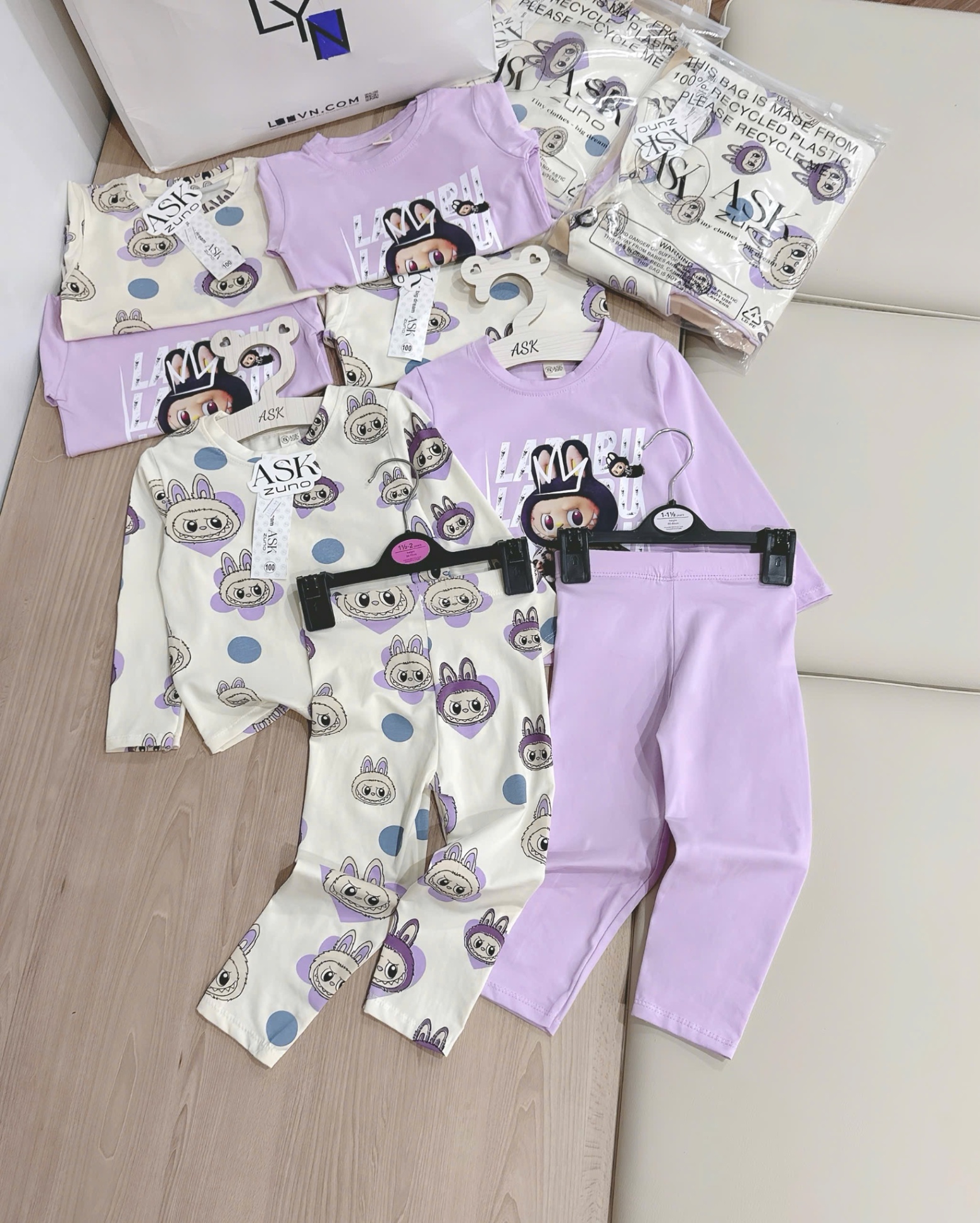 G671 - SET 2 BỘ BÉ GÁI DÀI TAY LABUBU tím be