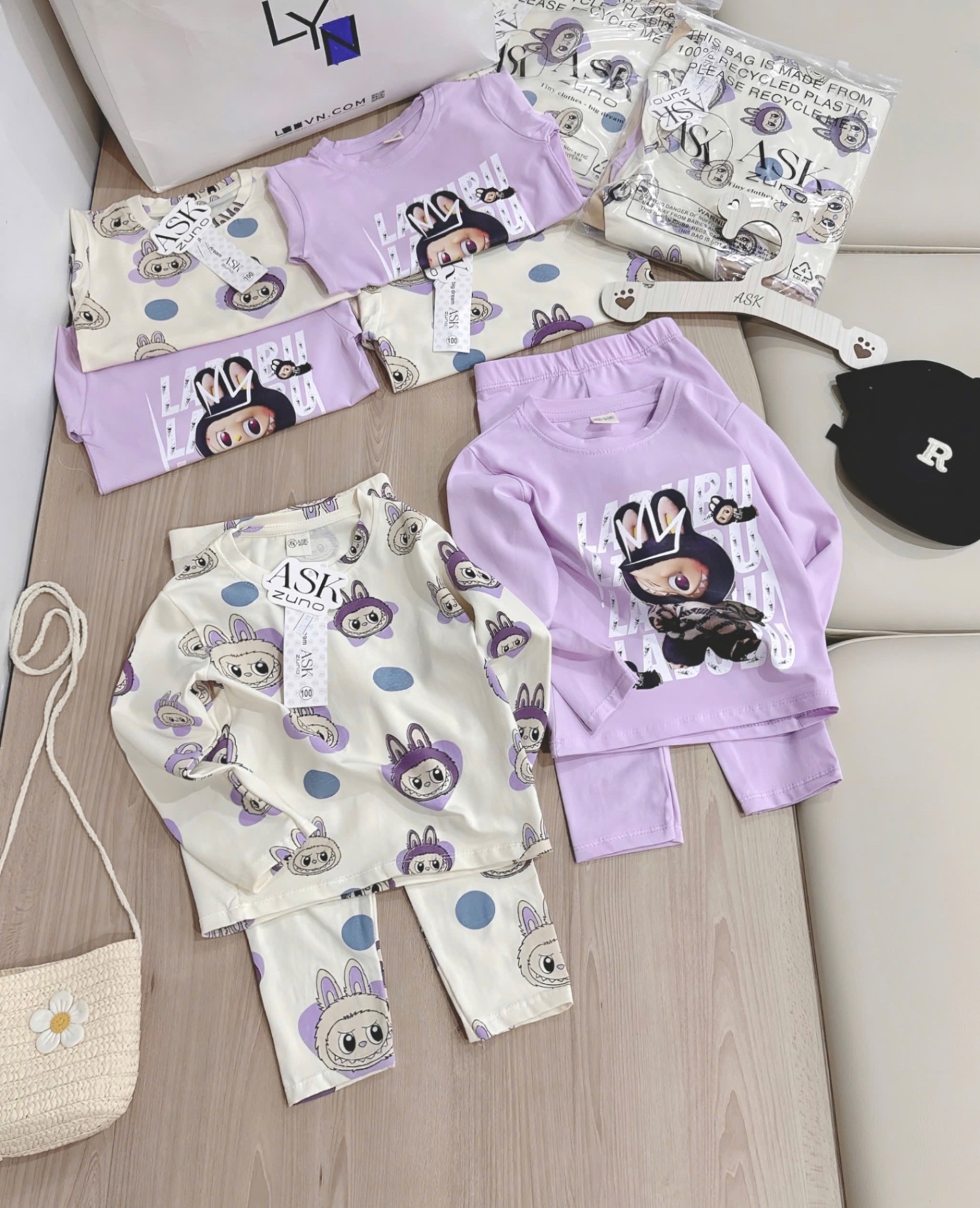 G671 - SET 2 BỘ BÉ GÁI DÀI TAY LABUBU tím be