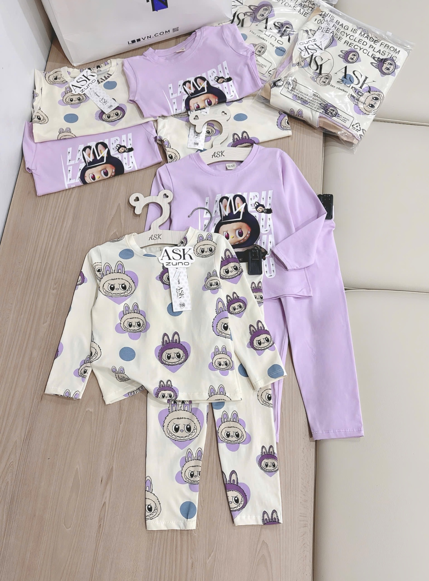 G671 - SET 2 BỘ BÉ GÁI DÀI TAY LABUBU tím be