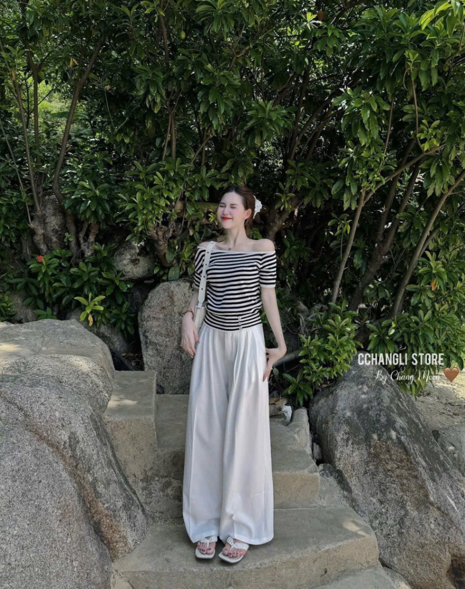 S122 - SET ÁO KẺ NGANG TRỄ VAI MIX QUẦN SUÔNG TRẮNG