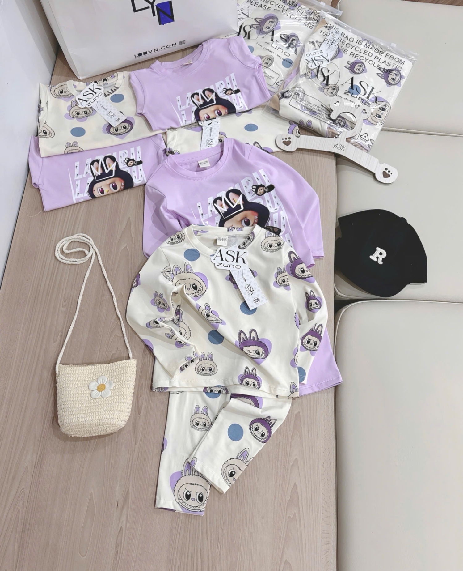 G671 - SET 2 BỘ BÉ GÁI DÀI TAY LABUBU tím be