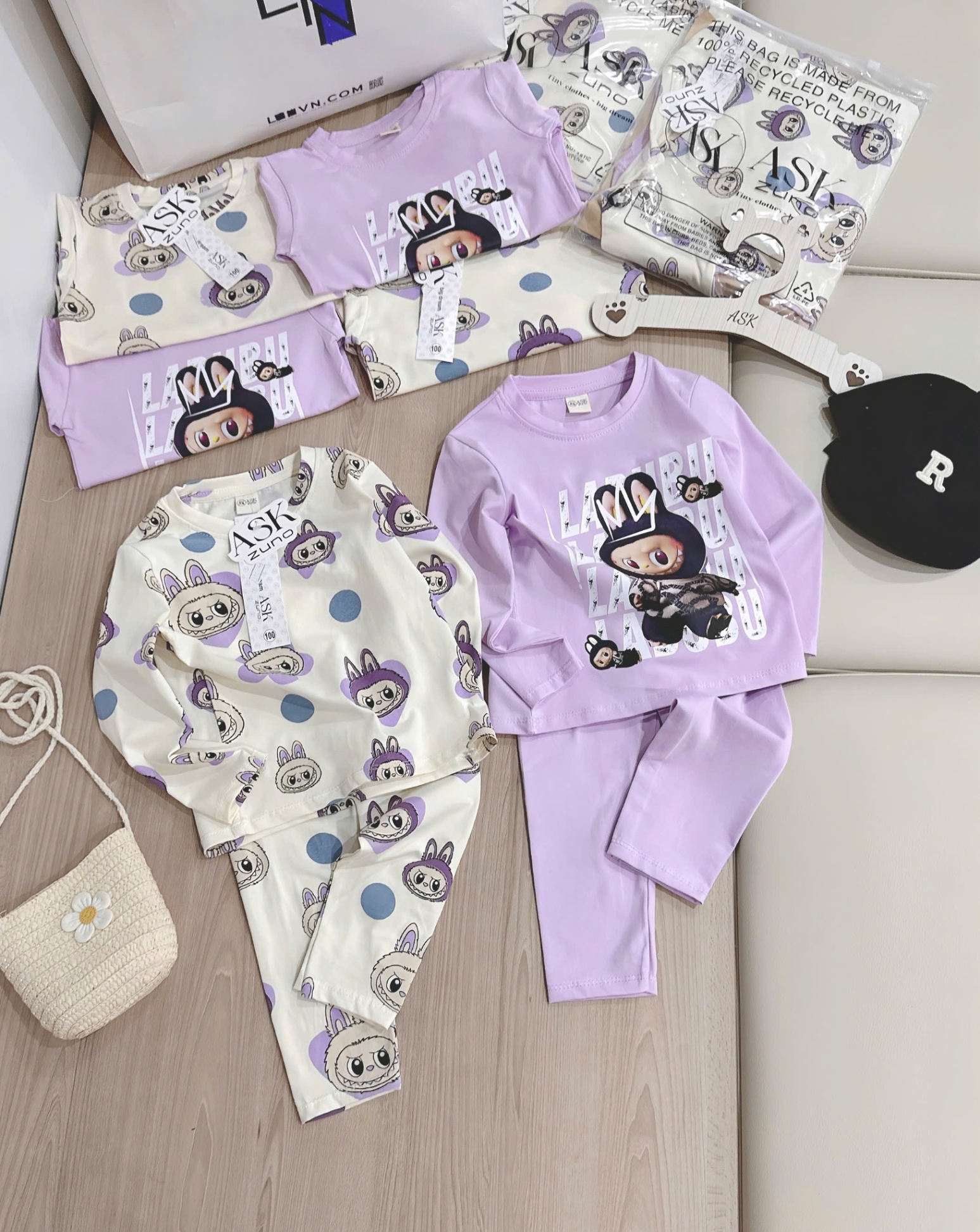 G671 - SET 2 BỘ BÉ GÁI DÀI TAY LABUBU tím be