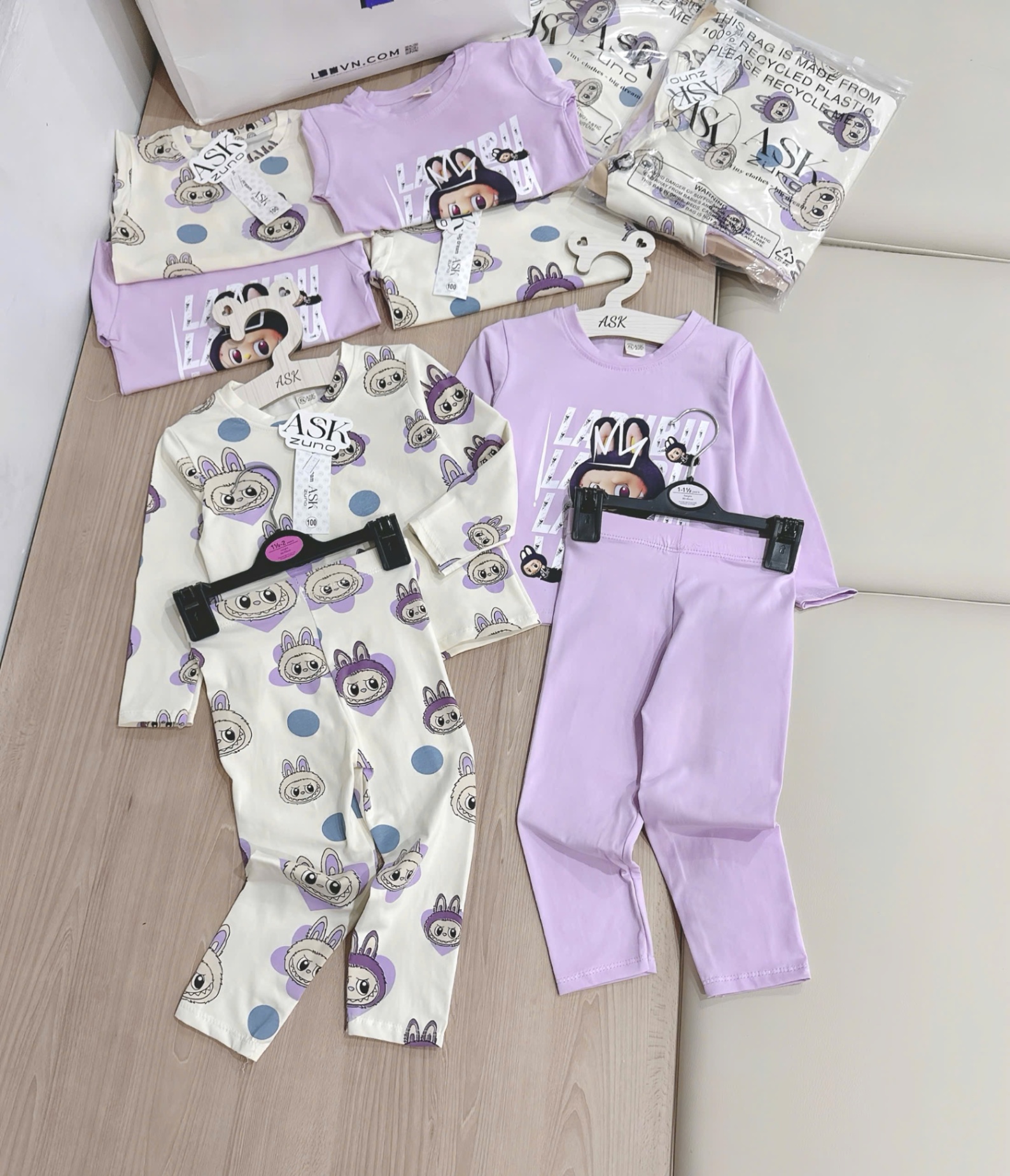 G671 - SET 2 BỘ BÉ GÁI DÀI TAY LABUBU tím be