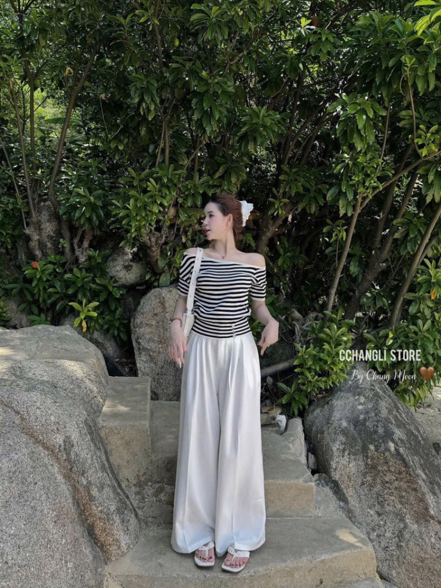 S122 - SET ÁO KẺ NGANG TRỄ VAI MIX QUẦN SUÔNG TRẮNG