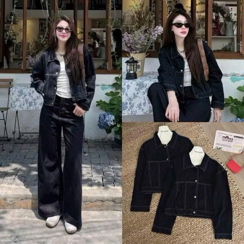 ANU262 - ÁO KHOÁC BÒ NỮ MÀU ĐEN VIỀN CHỈ NỔI