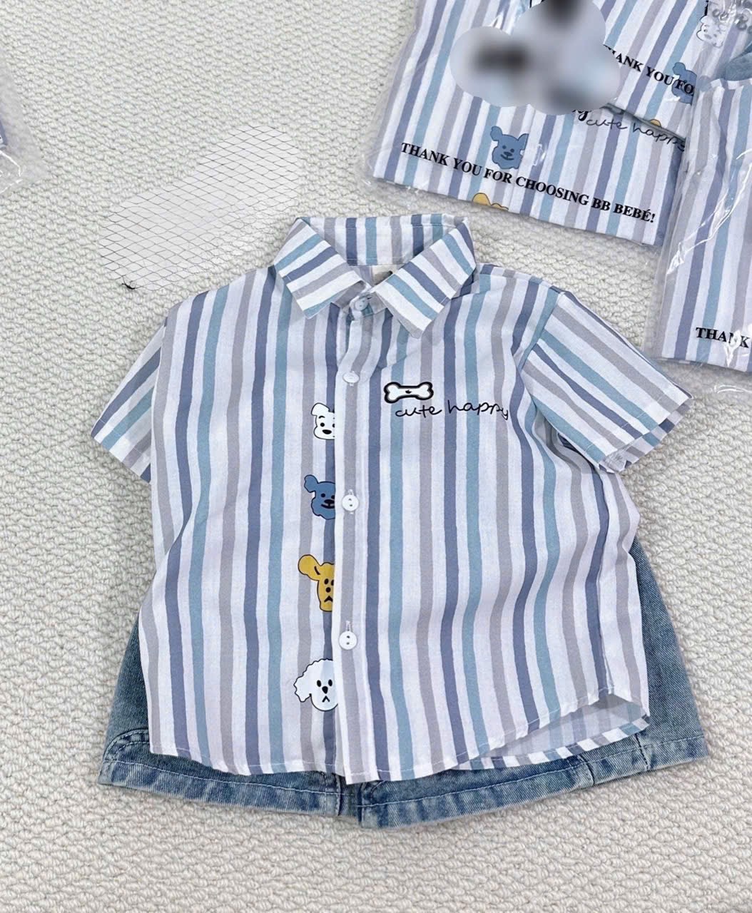 T813 - SET BÉ TRAI ÁO SƠ MI SỌC XANH CHÓ cute QUẦN ĐÙI BÒ