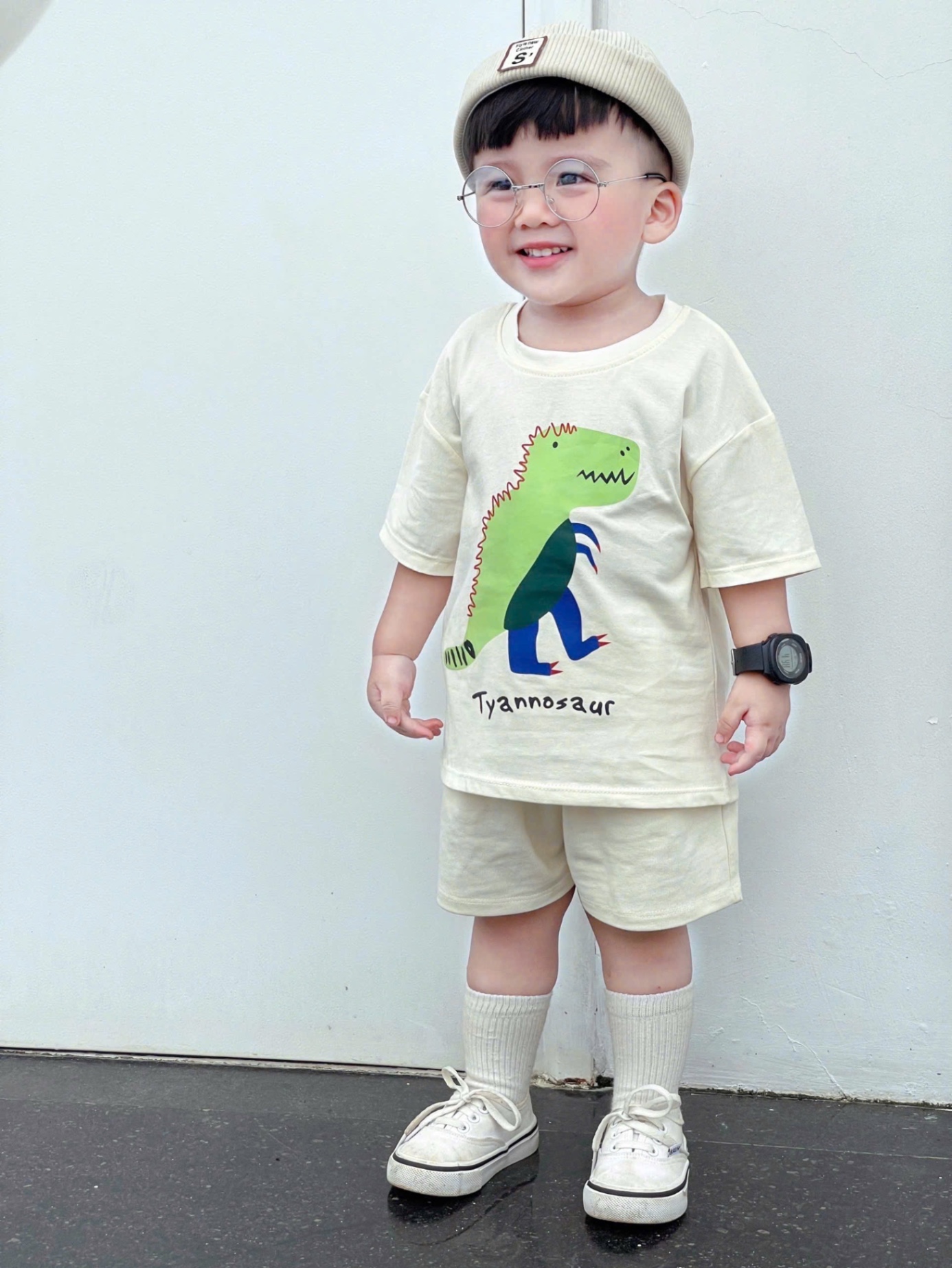 AB748 - SET 3 ÁO BÉ TRAI CỘC TAY KHỦNG LONG xanh xám be