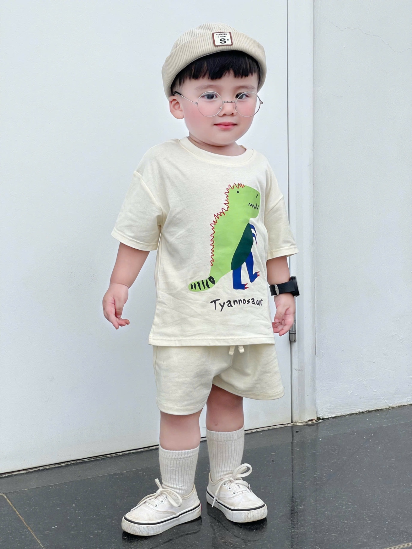 AB748 - SET 3 ÁO BÉ TRAI CỘC TAY KHỦNG LONG xanh xám be