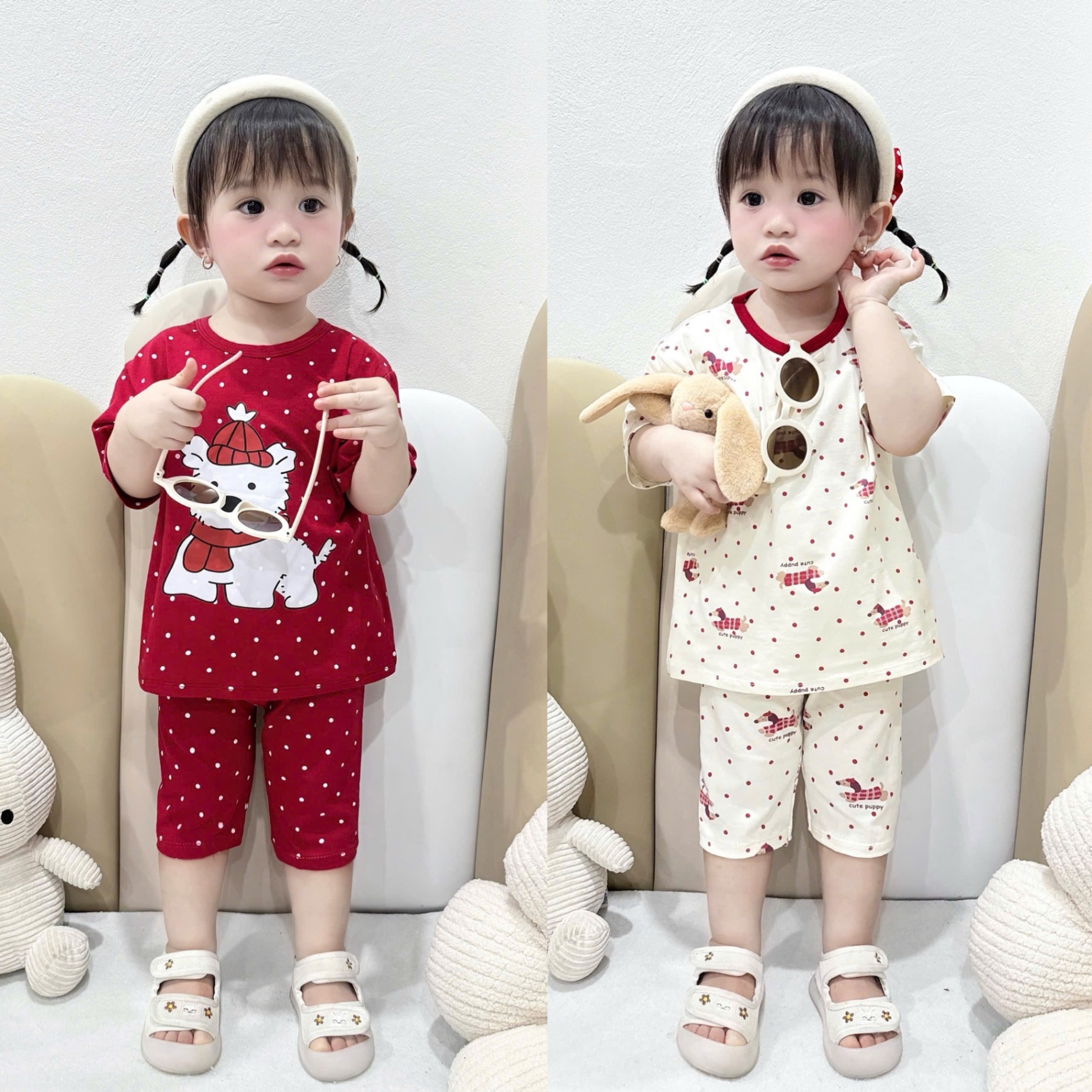 G695 - SET 2 BỘ BÉ GÁI CHẤM BI CHÓ QUẦN NGỐ đỏ be